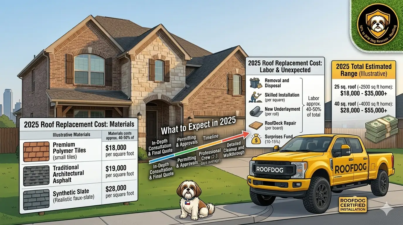 Infographic showing 2025 roof replacement costs in North Texas including materials, labor, timeline, and total estimated price ranges with a RoofDog truck.