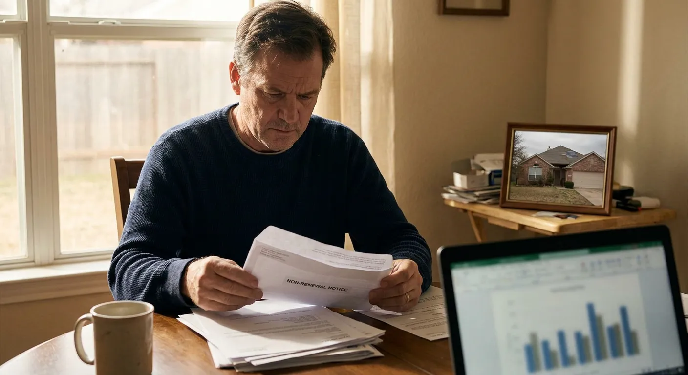 A Texas homeowner reviewing a stack of 2026 insurance policy documents and a non-renewal notice at a kitchen table.