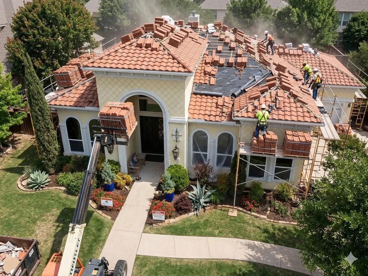 Spanish clay tile roof installation on Bridgewater Place in Flower Mound, Texas — RoofDog crew installing terracotta tile on a Mediterranean-style home