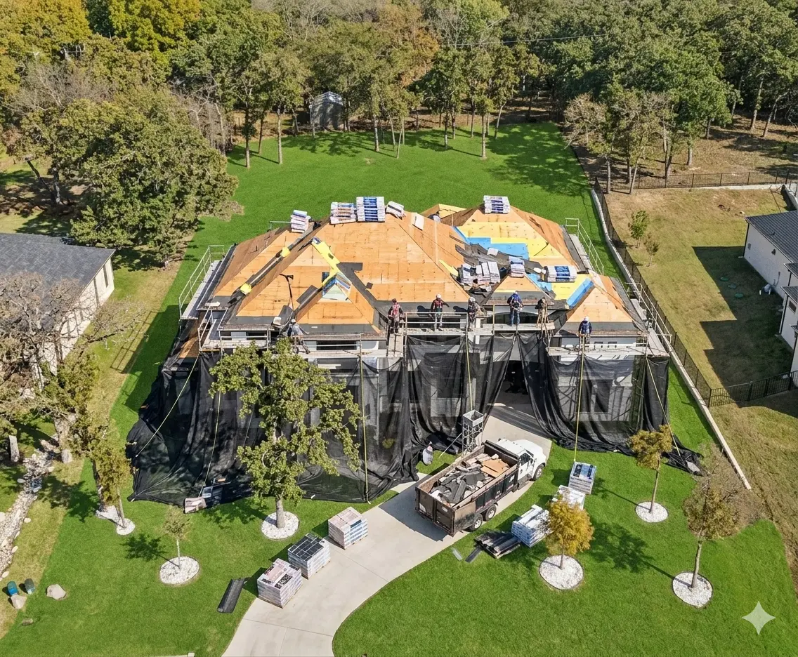 Aerial view of a full roof replacement in progress on Ridgecrest Drive in Flower Mound, Texas — RoofDog crews on a large estate home with tree-lined grounds