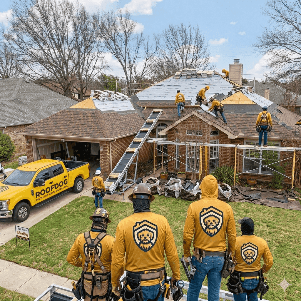 RoofDog crew on Valleydale Drive in Flower Mound, Texas preparing a full residential roof replacement on a brick home