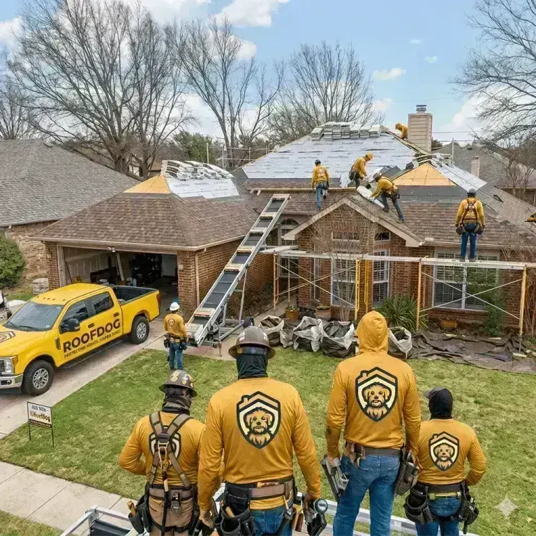 RoofDog crew on Valleydale Drive in Flower Mound, Texas preparing a full residential roof replacement on a brick home