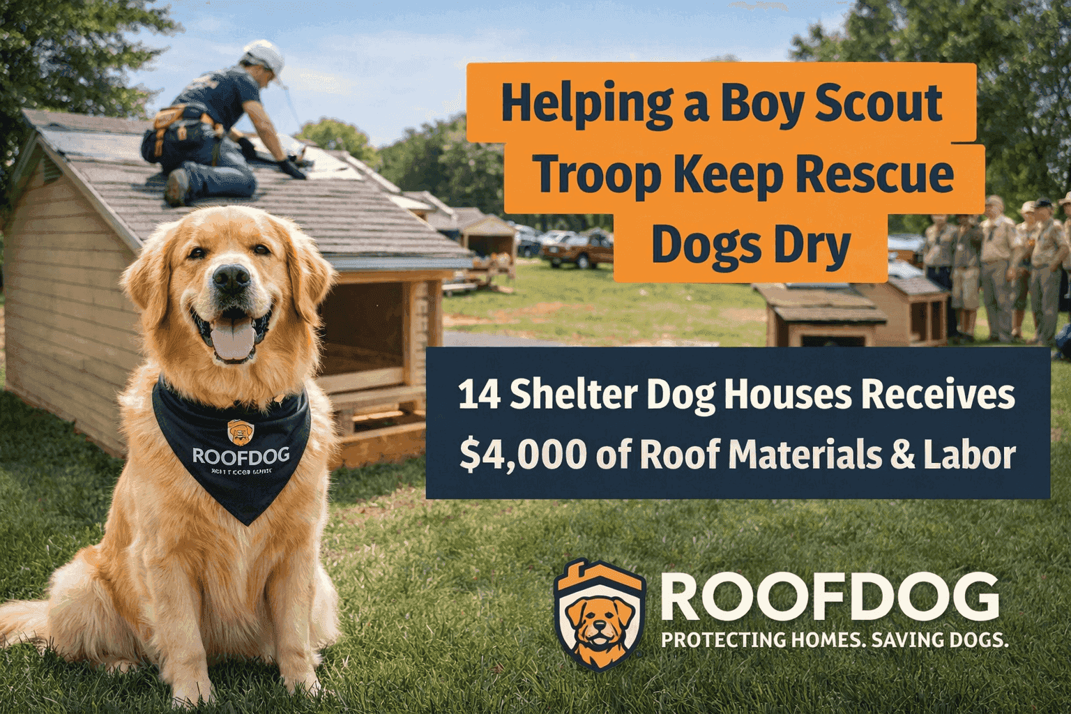 RoofDog team members roofing dog houses for Apollo Support & Rescue alongside Boy Scout troop in Justin, Texas