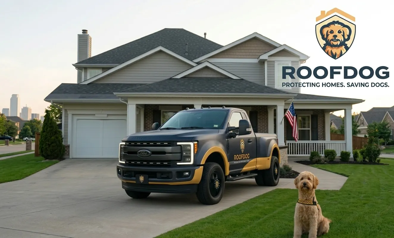 RoofDog branded truck parked in front of a Dallas-Fort Worth home with a golden retriever, representing the best roofers near me in DFW for 2026.