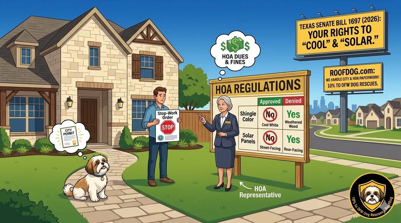 Illustration of a DFW homeowner facing an HOA representative with a regulations board showing approved and denied shingle colors and solar placements, with a stop-work order and SB 1697 billboard