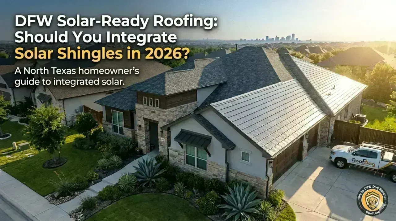 Aerial view of a modern DFW home with integrated solar shingles, Dallas skyline in background, and a RoofDog truck in the driveway