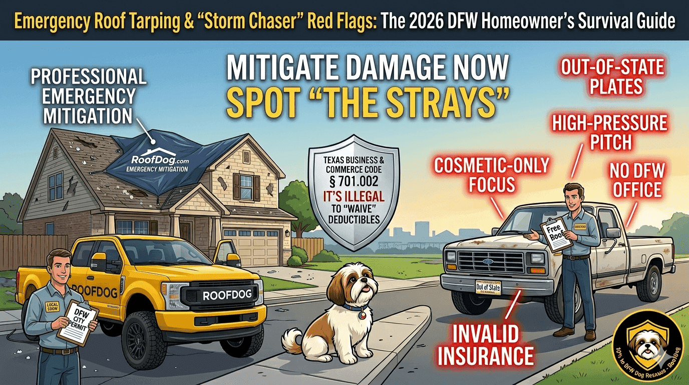 RoofDog infographic showing emergency roof tarping in DFW and identifying out-of-state storm chaser red flags like invalid insurance.