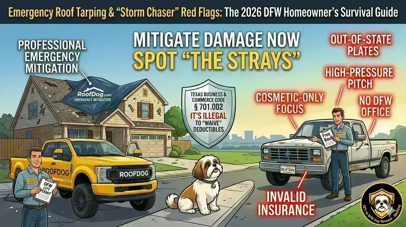 RoofDog infographic showing emergency roof tarping in DFW and identifying out-of-state storm chaser red flags like invalid insurance.