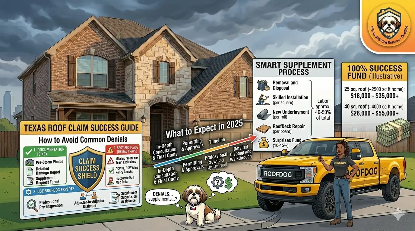 Texas roof claim success guide infographic showing how to avoid common insurance denials with documentation tips and the smart supplement process.