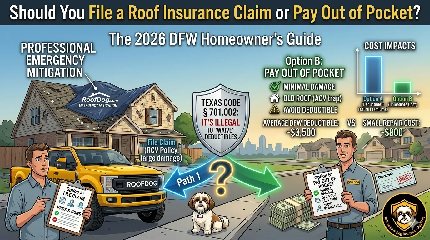 Split illustration weighing a roof insurance claim against a cash-pay estimate for a DFW homeowner with a hail-damaged roof.