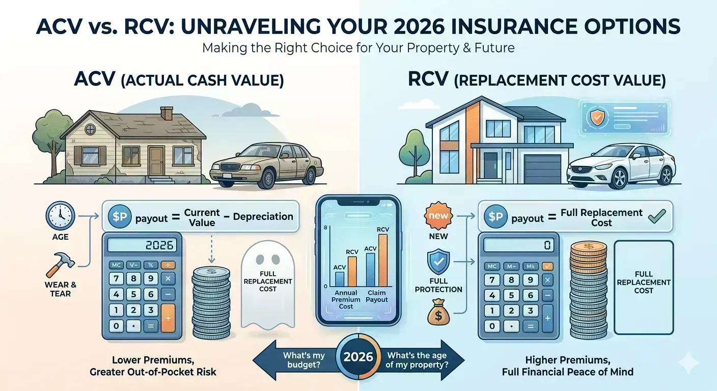 ACV vs RCV insurance comparison diagram explaining 2026 changes to home insurance for DFW homeowners