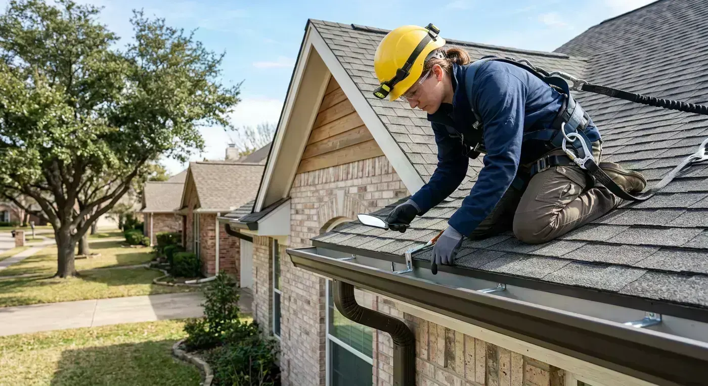 Roofer inspecting gutter attachment and roof edge in Trophy Club, Texas