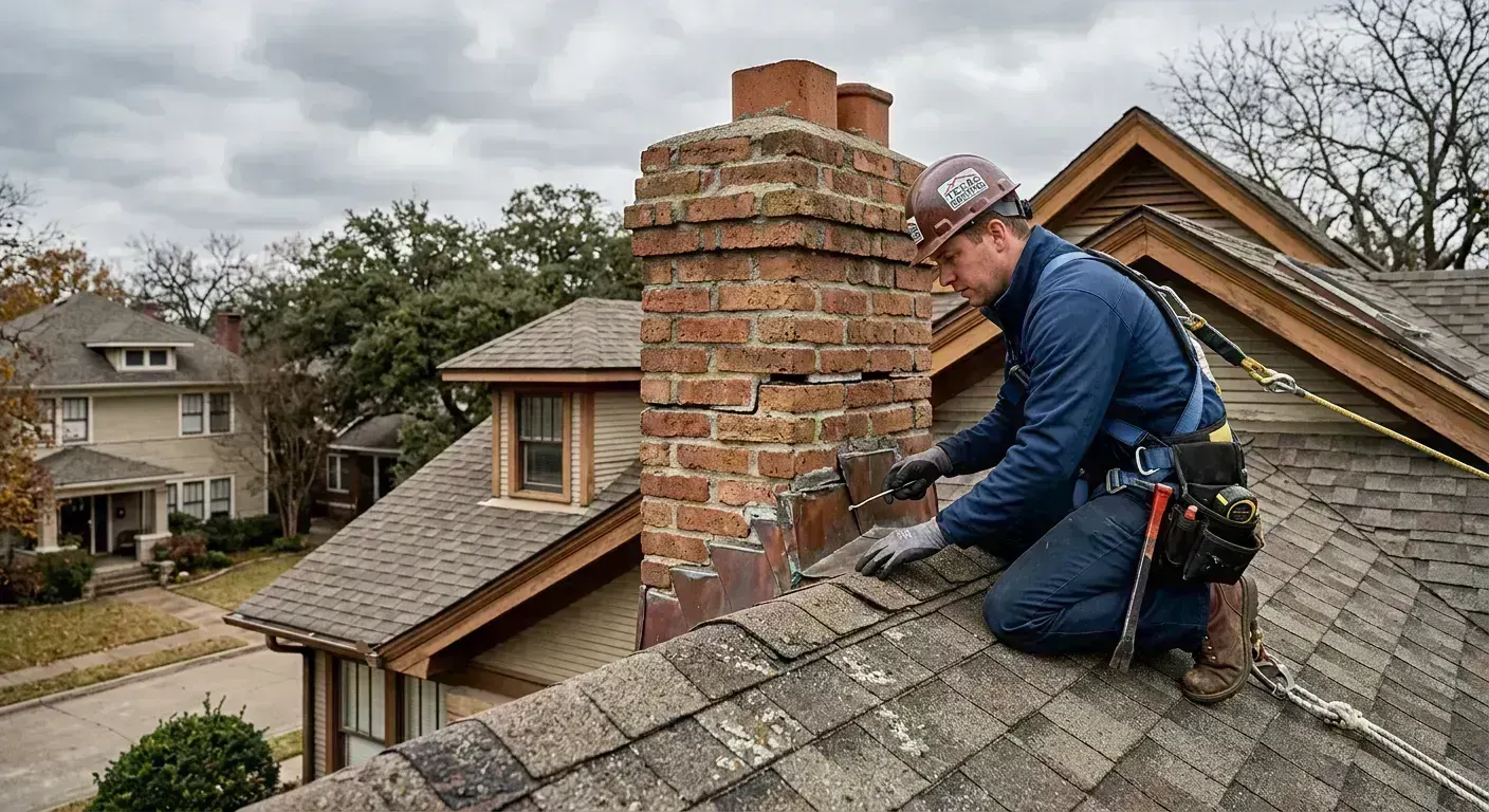 Roof repair technician inspecting shingle damage on a Denton, TX home