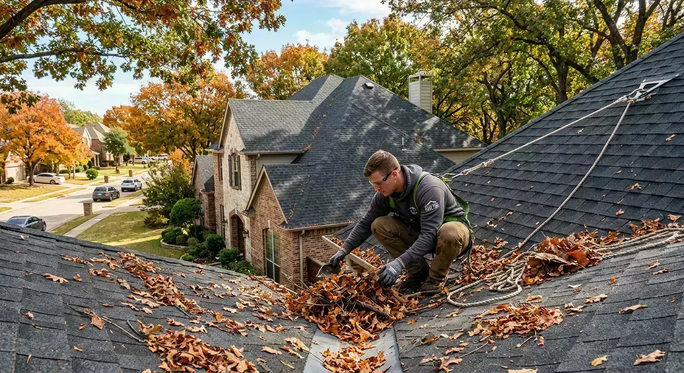 Roof repair inspection on a Flower Mound, TX home with mature trees