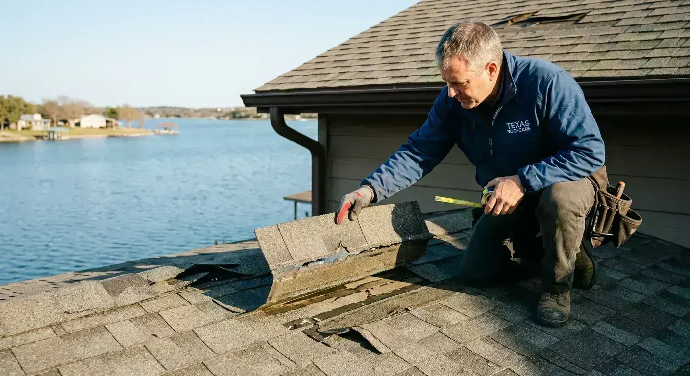 Roof repair inspection on a Highland Village, TX lakeside home