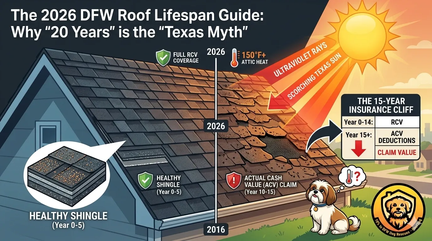 RoofDog guide to North Texas roof lifespan and the 2026 Dallas-Fort Worth insurance age trap.