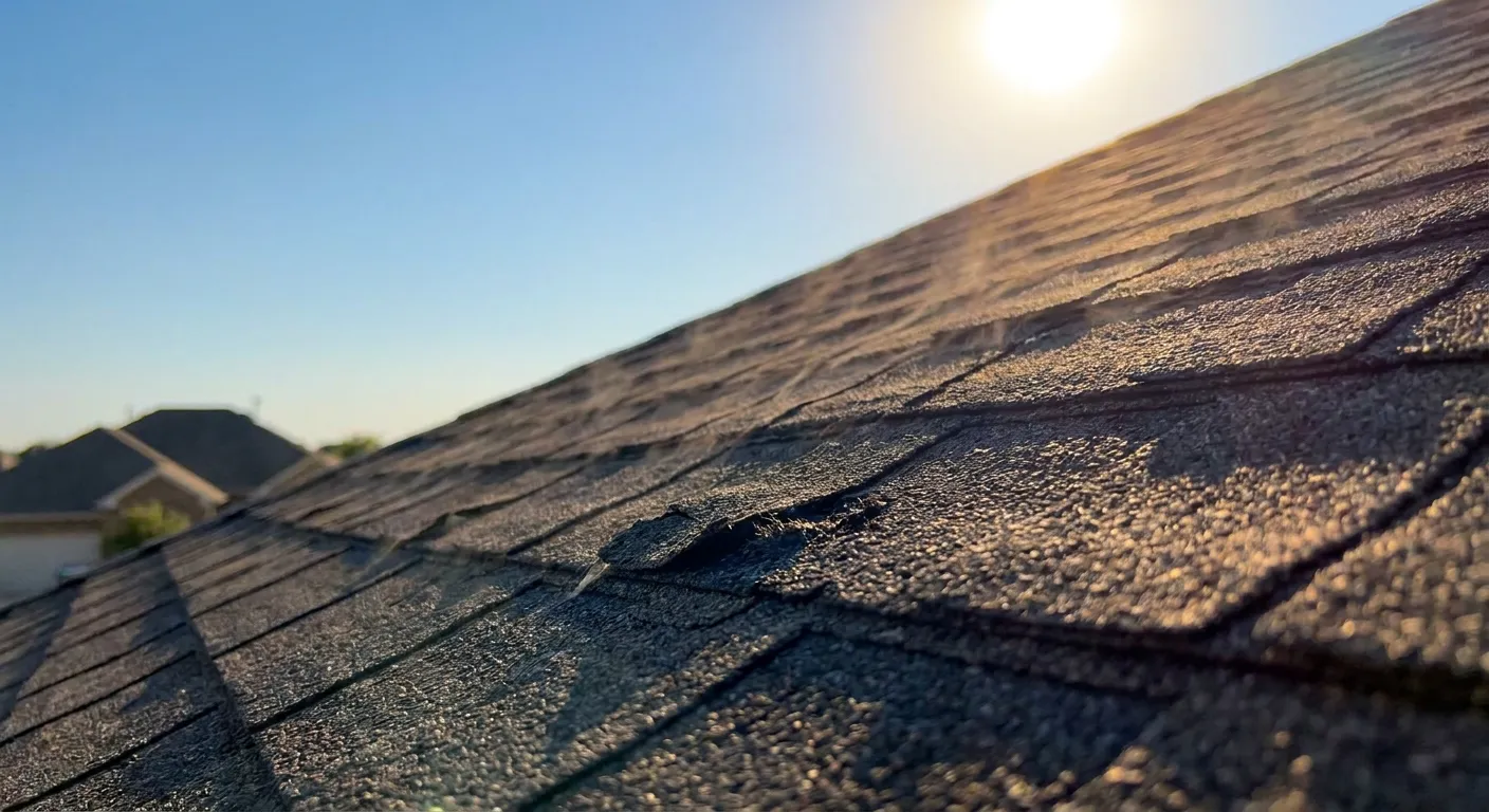 Macro close-up of curling, sun-baked asphalt shingles on a North Texas rooftop with heat distortion rising under a blazing summer sky.