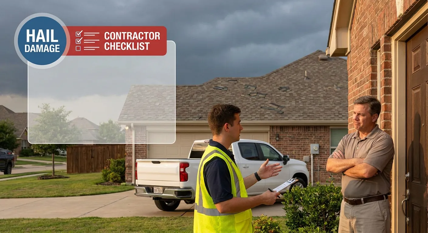 DFW homeowner reviewing a storm chaser contractor pitch after a 2026 hailstorm, with an out-of-state truck in the driveway.