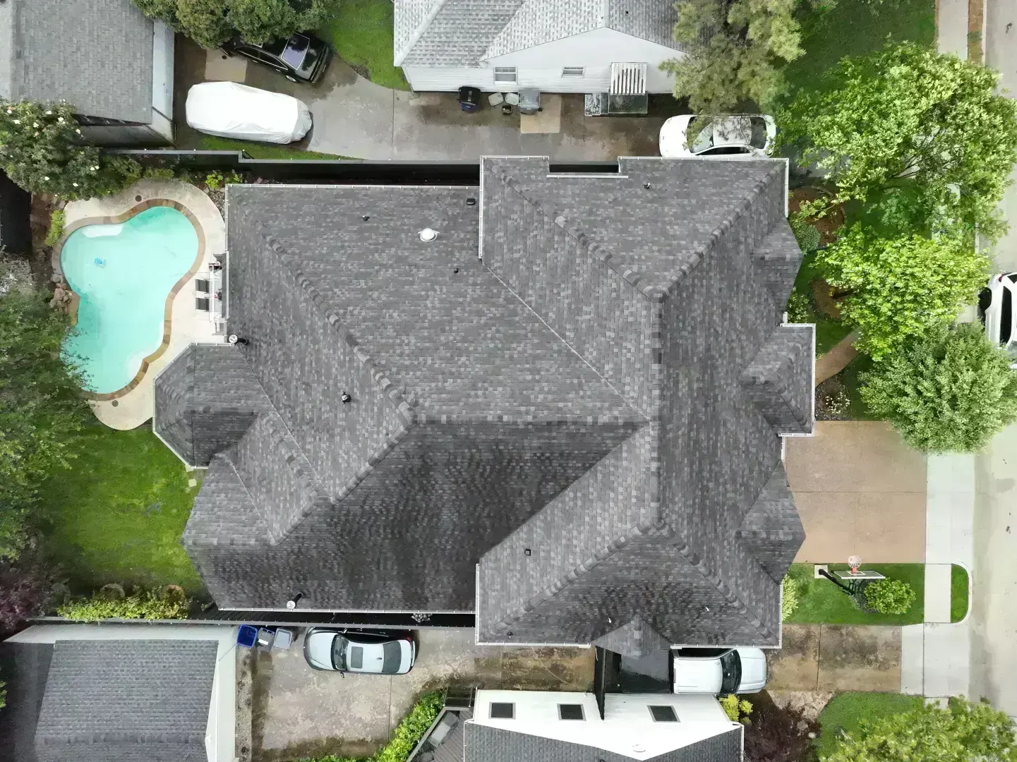 Aerial drone overview of a North Texas roof inspection displayed in the Scout dashboard
