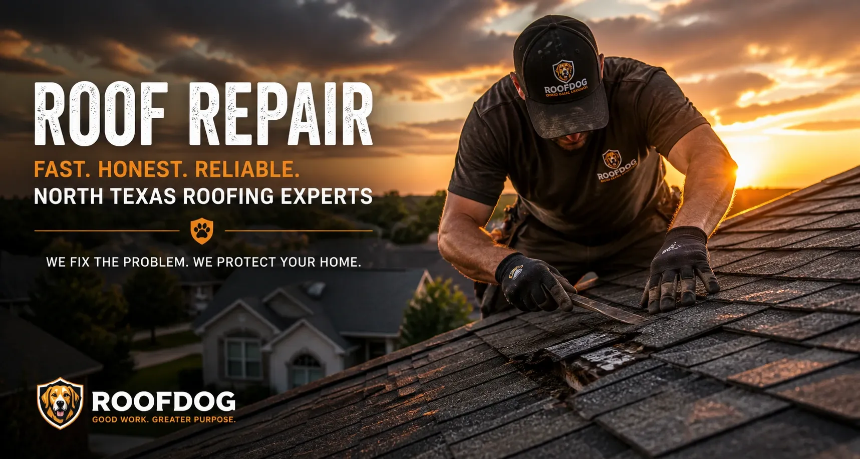 RoofDog roofer performing roof repair in North Texas