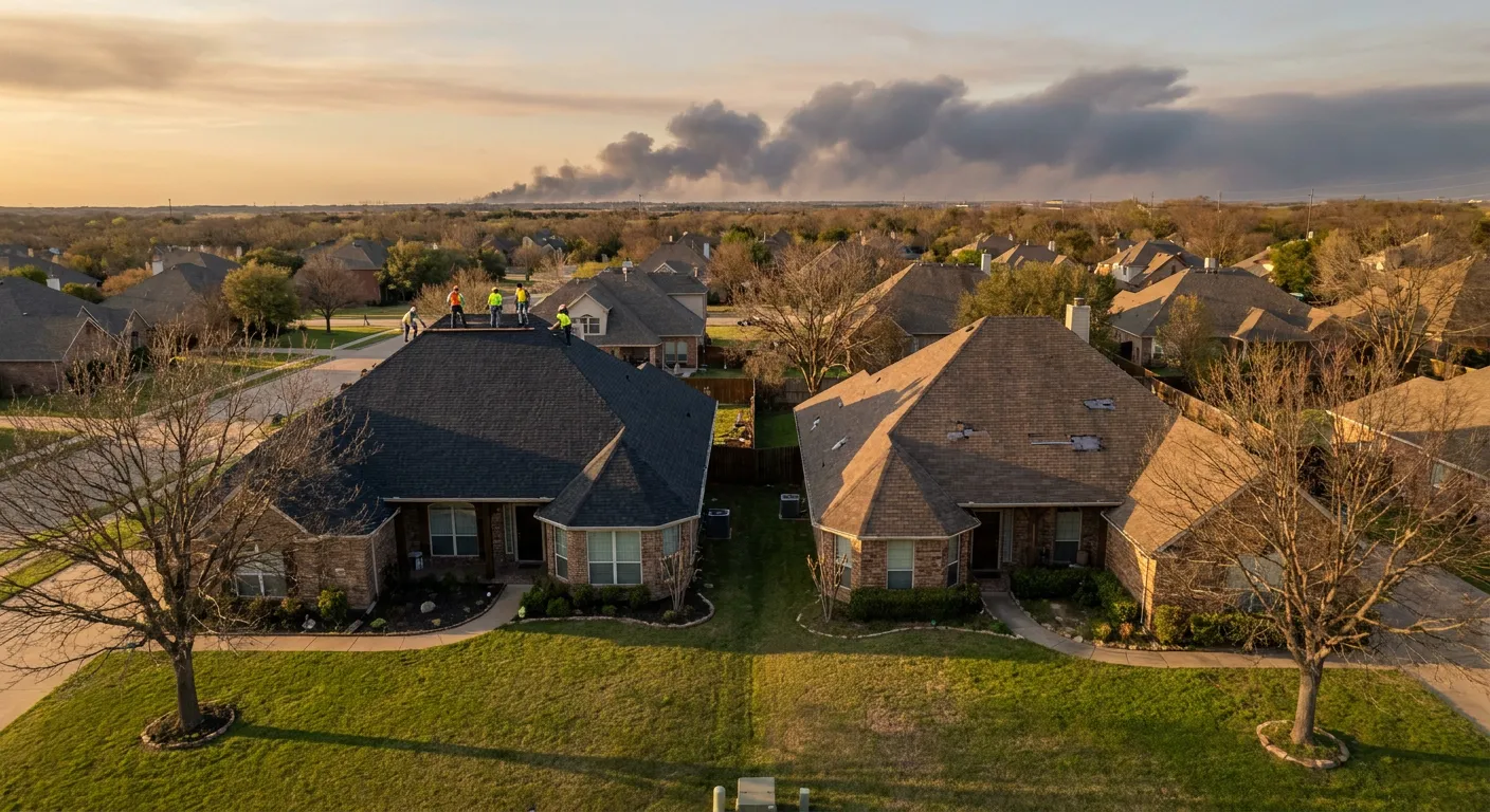 Aerial view of two adjacent DFW homes after a hailstorm, one with a brand-new architectural shingle roof and one with an older intact roof.